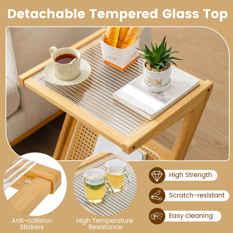 Boho End Table with Magazine Rack and Tempered Glass Top