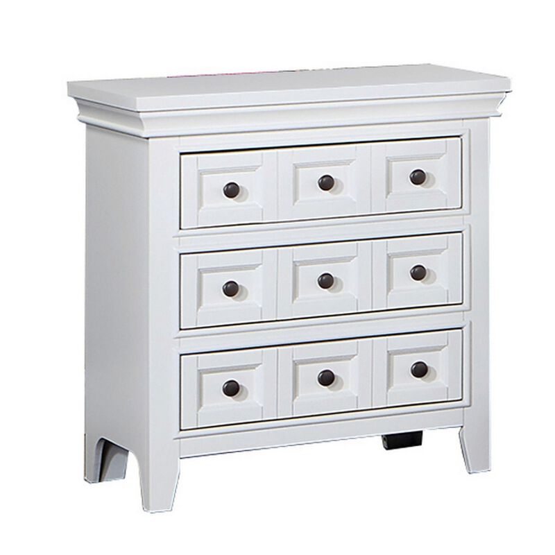 Cile 26 Inch Nightstand, 3 Panel Drawers, White Wood, Round Nickel Handles-Benzara
