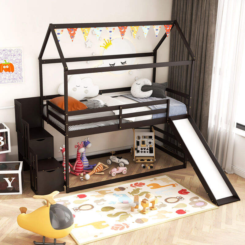 Twin over Twin Bunk Bed with Slide and 2-Step Storage Staircase