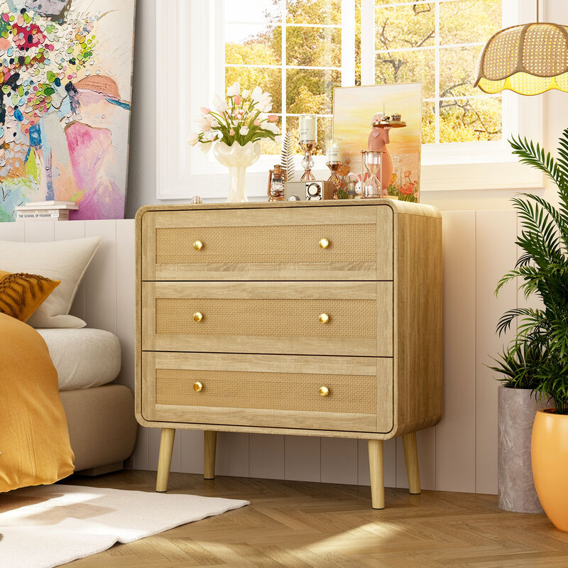 FUFU&GAGA 3-Drawer Nightstand, Modern Bedside Table with Rattan Fronts, Wooden Legs & Gold Handles, Spacious Storage for Bedroom (31.5" W x 32" H x 13.8" D), Natural Wood