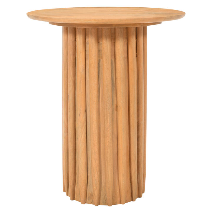 Sejo Side End Table, 20 Inch Round Top with Fluted Base in Natural Brown Mango Wood - Benzara