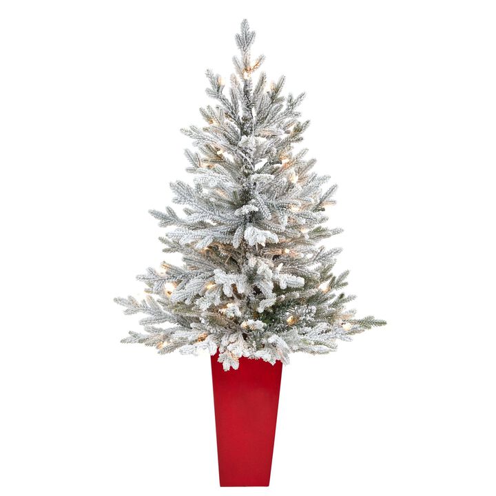Nearly Natural 4-ft Flocked Fraser Fir Artificial Christmas Tree with 200 Warm White Lights and 481 Bendable Branches in Red Planter