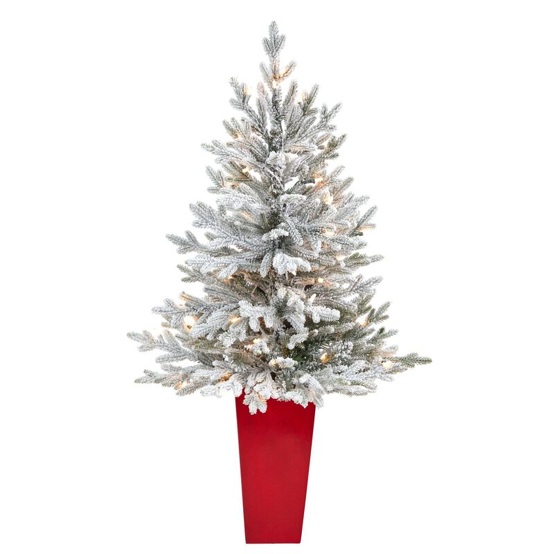 Nearly Natural 4-ft Flocked Fraser Fir Artificial Christmas Tree with 200 Warm White Lights and 481 Bendable Branches in Red Planter