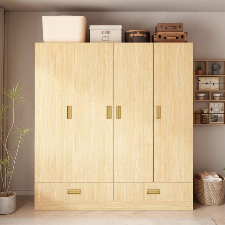 FUFU&GAGA Spacious 4-Door Wardrobe with Shelves, Drawers, and Hanging Rod, (63" W x 18.1" D x 66.9" H),Brown
