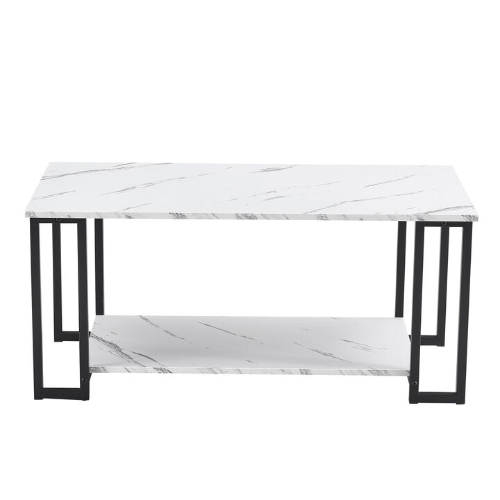 Coffee Table, 2 Layers 1.5cm Thick Marble MDF Rectangle 39.37 L Table Top Iron Coffee