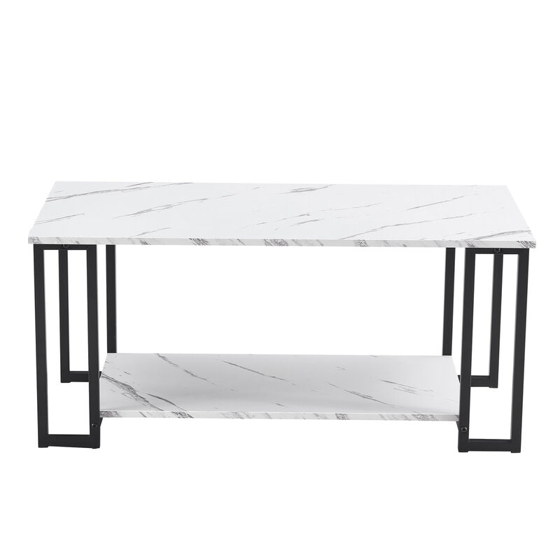 Coffee Table, 2 Layers 1.5cm Thick Marble MDF Rectangle 39.37 L Table Top Iron Coffee