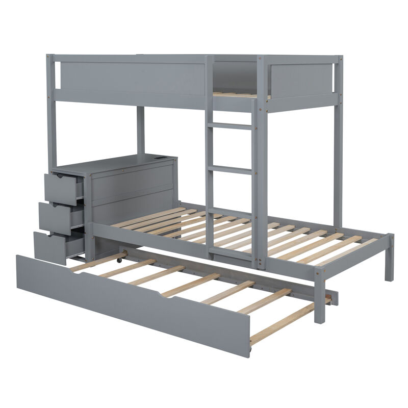 Twin Over Twin Bunk Bed With Twin Size Trundle, Storage And Desk, Gray