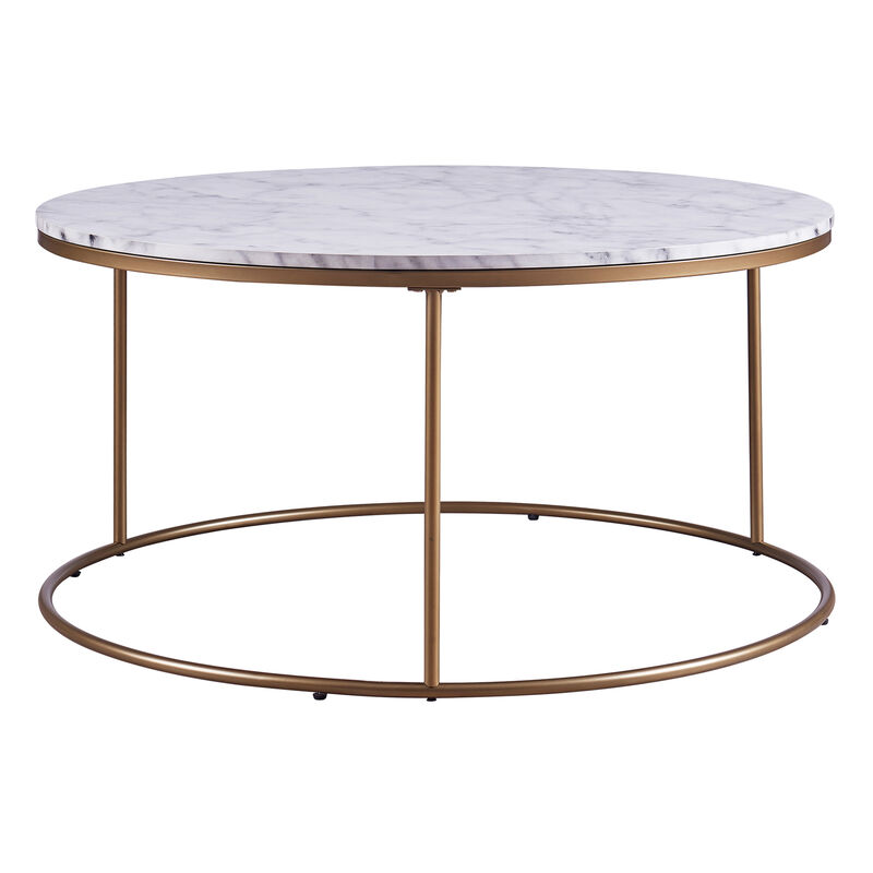Teamson Home Marmo Modern Marble-Look Round Coffee Table, Faux Marble/Brass