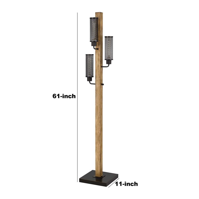 Wooden Floor Lamp with 3 Metal Mesh Shades, Brown and Black-Benzara
