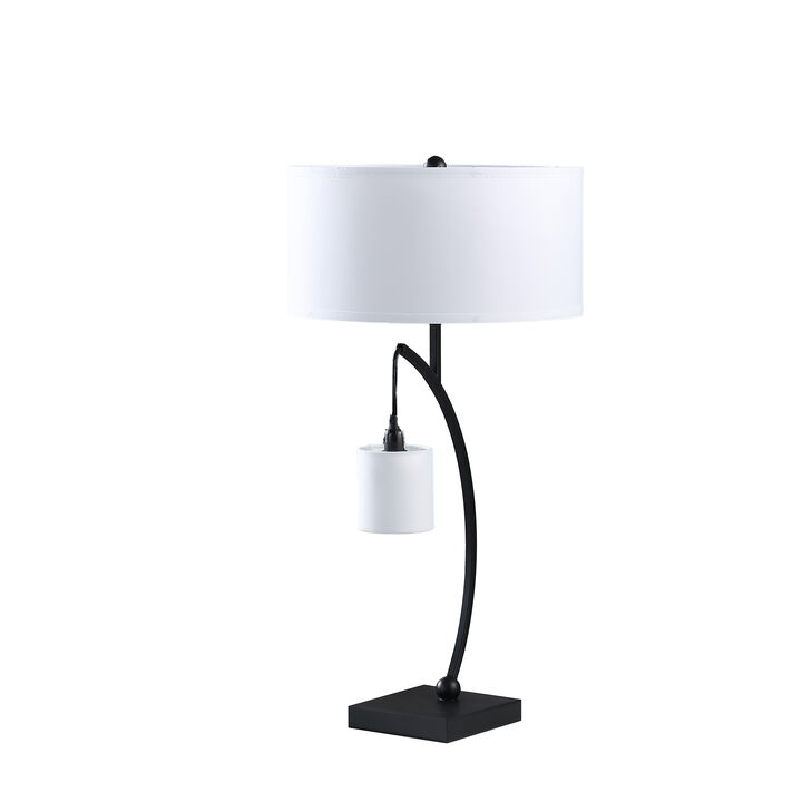 Jiya 29 Inch Arc Table Lamp, Hanging Design, 2 White Drum Shades, Black - Benzara