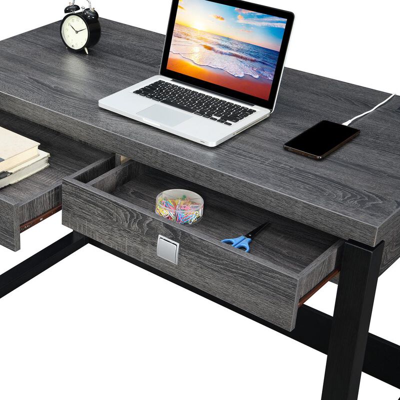 Convenience Concepts Newport 2 Drawer Desk With Charging Station, Weathered Gray/Black