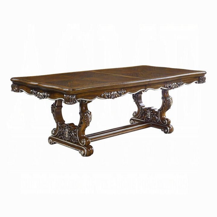 Maver Dining Table, Carved Silver Trim 90-114 Inch Classic Antique Oak - Benzara