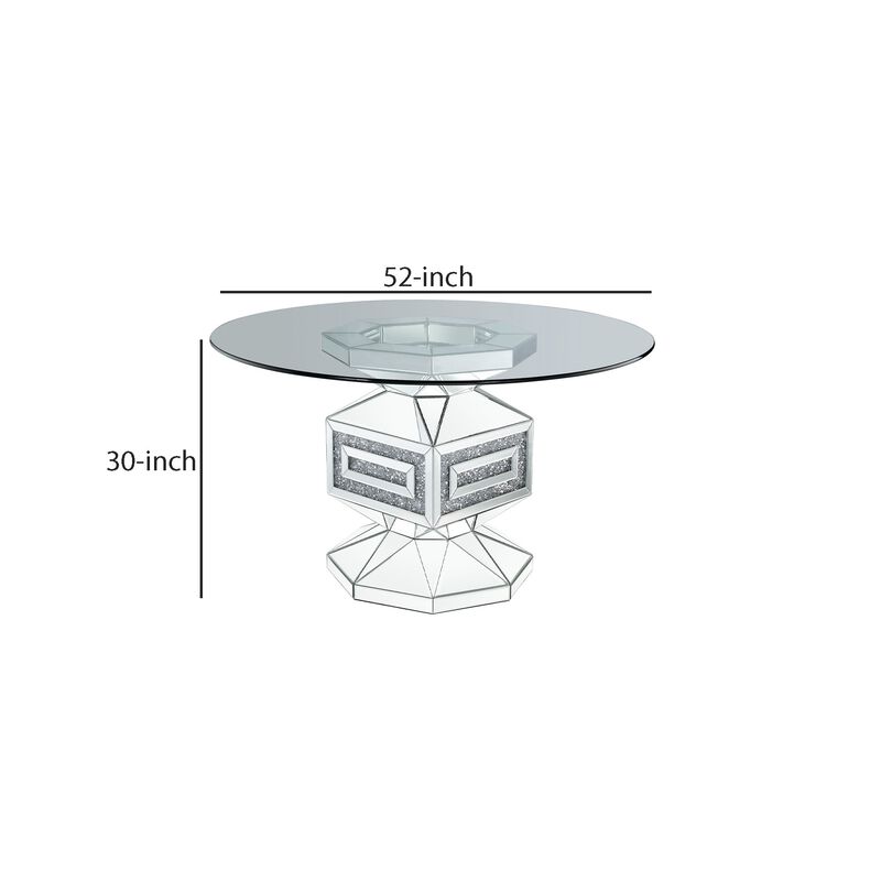 Dining Table with Glass Top and Mirrored Pedestal Base, Silver - Benzara