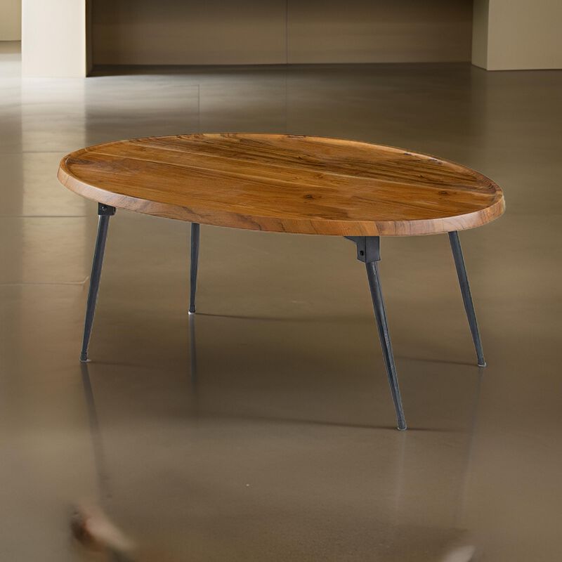 Benjara Aji 39 Inch Coffee Table, Oval Grain Acacia Wood Top, Metal Legs, Brown and Black