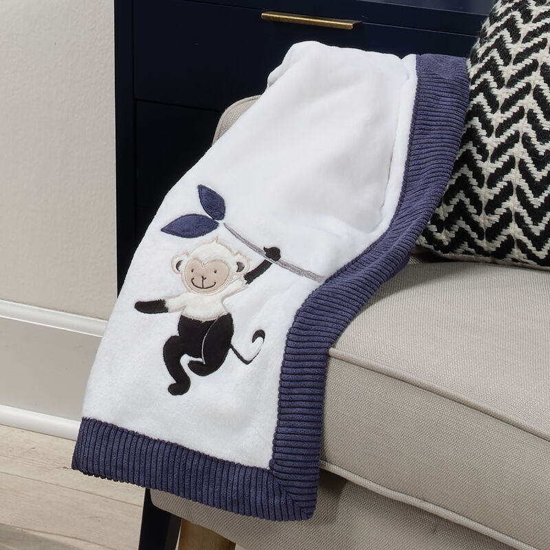 Lambs & Ivy Jungle Party White/Navy Monkey Soft Fleece Baby Blanket