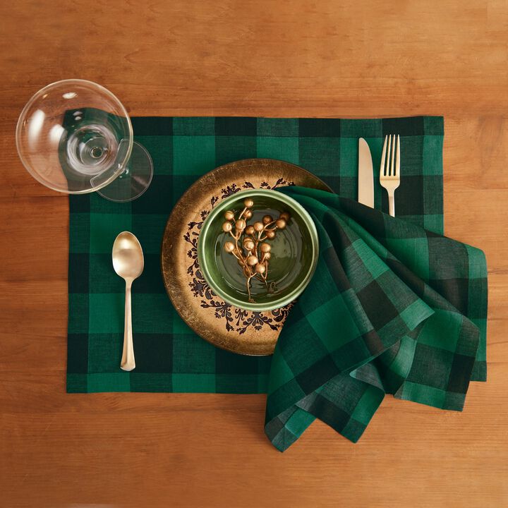 Solino Home 100% Pure Linen 14 x 19 Inch Placemats Set of 4 | Buffalo Check