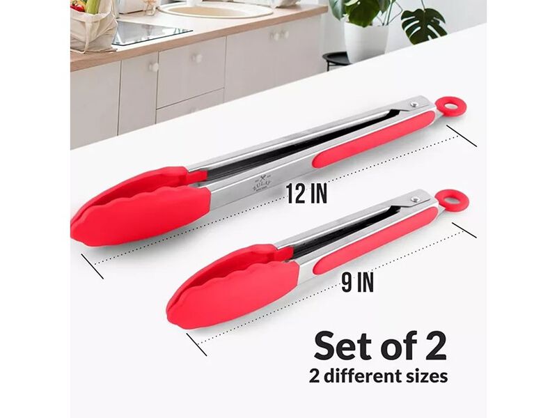 Zulay Kitchen Stainless Steel Kitchen Tongs with Silicone Tips - Set of 2