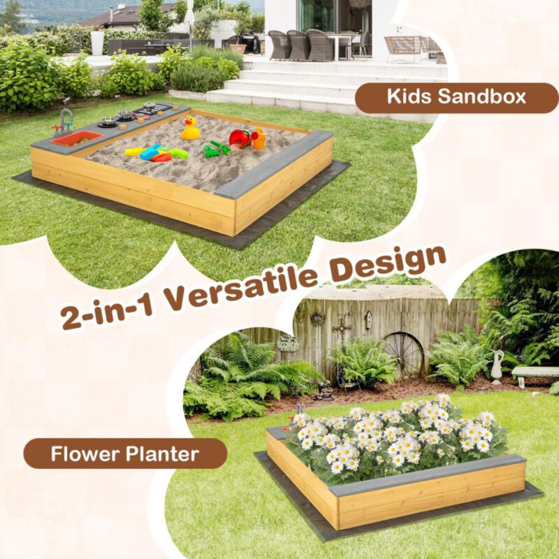 Hivvago Wooden Sandbox Kids Sand Pit with Kitchen Playset Accessories for 3-8 Years Old