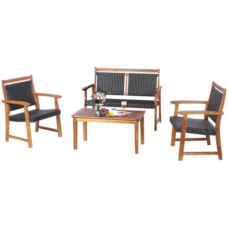 4 Pieces Outdoor Patio Rattan Furniture Conversation Sets  with Acacia Wood Frame