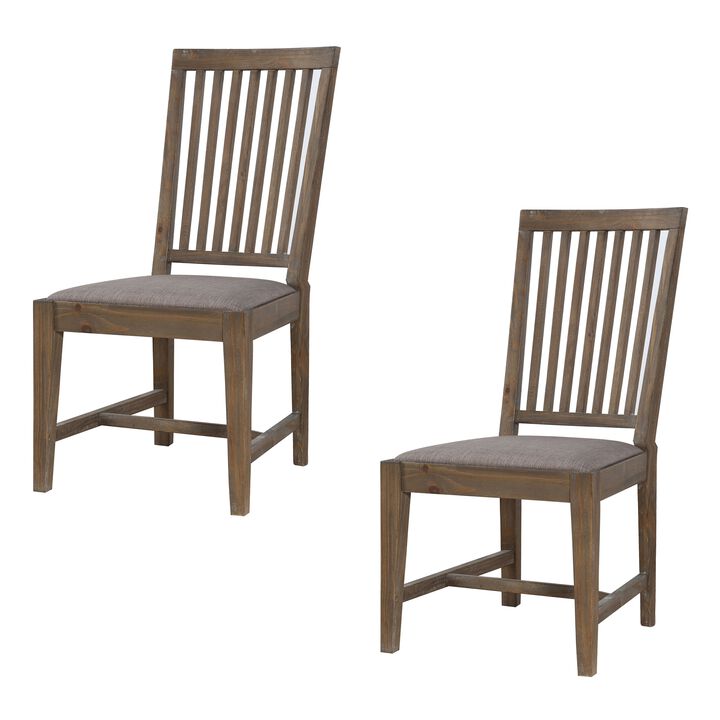 Wooden Chair with Fabric Upholstered Seat and Slat Style Back, Set of 2, Oak Brown and Gray - Benzara