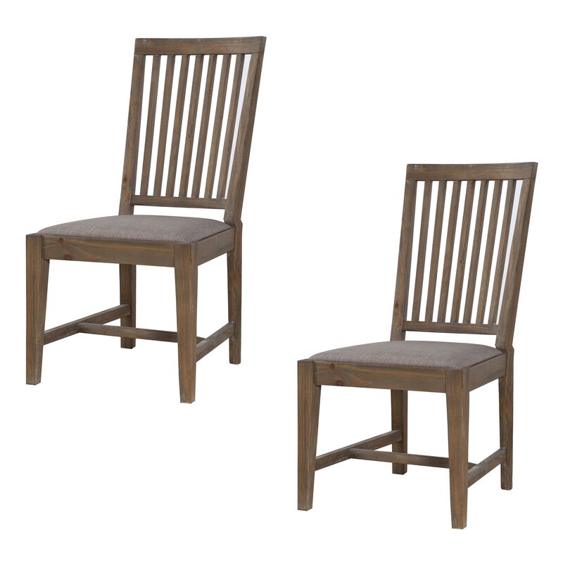 Wooden Chair with Fabric Upholstered Seat and Slat Style Back, Set of 2, Oak Brown and Gray - Benzara