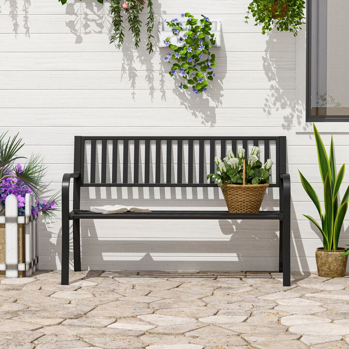 Poolside Duo Seat: 50" Black Metal Slatted Patio Bench for Two
