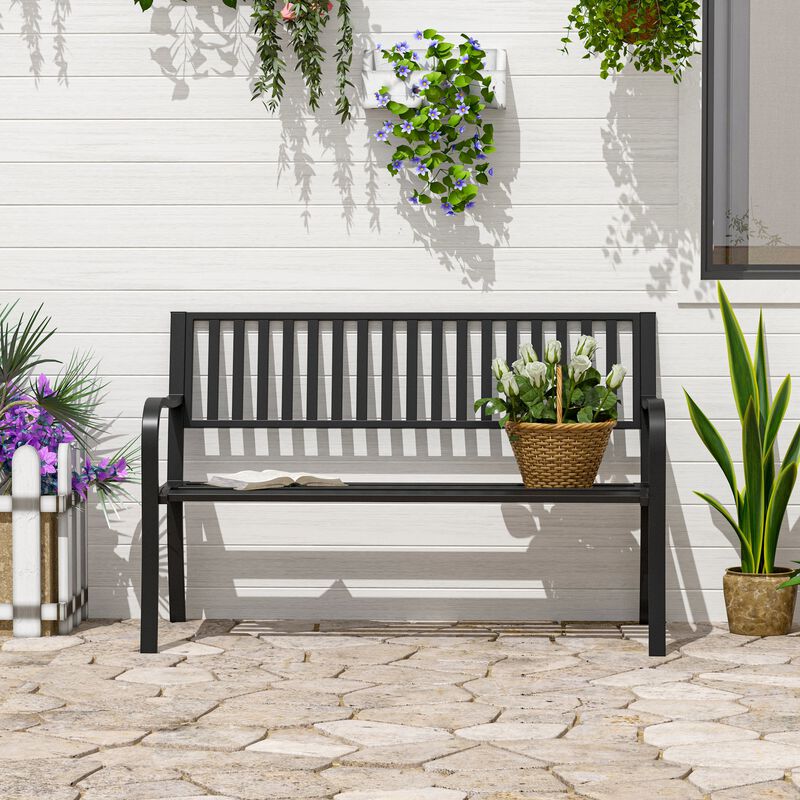 Poolside Duo Seat: 50" Black Metal Slatted Patio Bench for Two