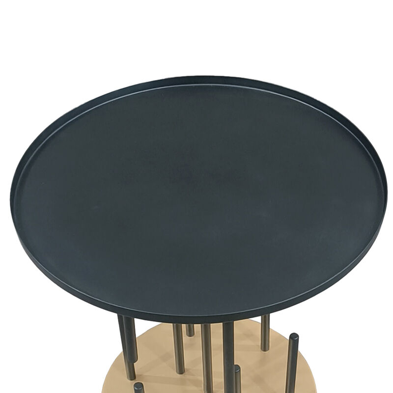 Neci 20 Inch Side End Table, Round Matte Black Tray Top, Modern Rod Supports with Brass Base - Benzara