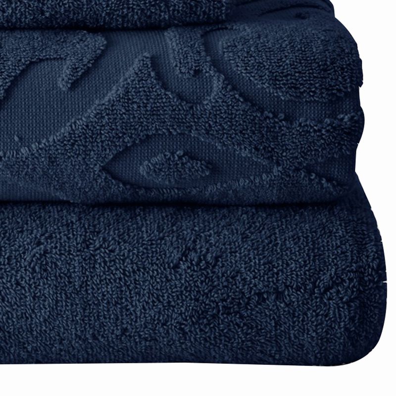 Oya 6 Piece Soft Egyptian Cotton Towel Set, Medallion Pattern, Navy Blue-Benzara
