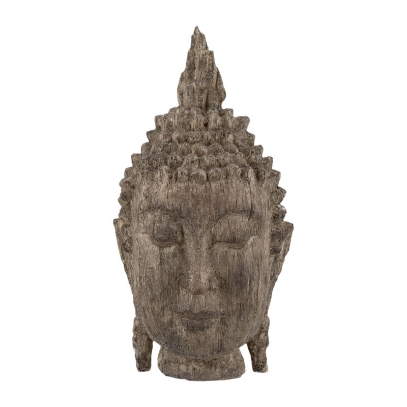 12 Inch Buddha Head Sculpture, Calming Accent Decoration, Polyresin, Brown-Benzara