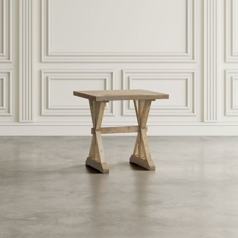 Jofran Carlyle Crossing Modern Rustic Distressed Solid Wood End Table with Trestle