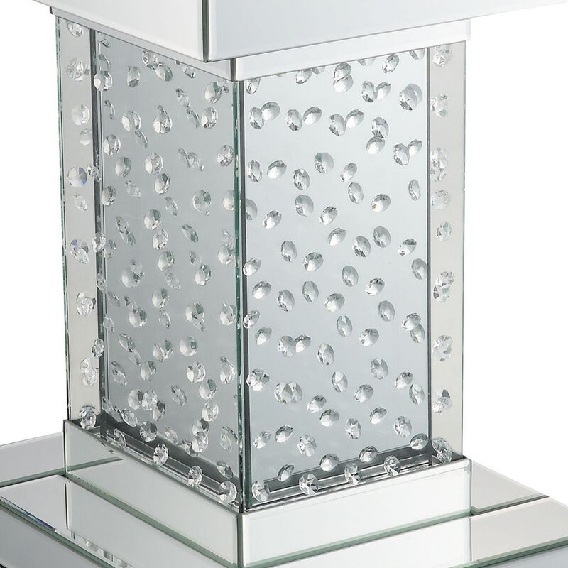 Pali 20 Inch Square Pedestal End Table, Mirrored, Faux Crystal Inlay, Silver-Benzara