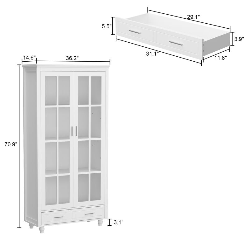 70.9"H Modern White Bookcase With Adjustable Shelves And Glass Doors
