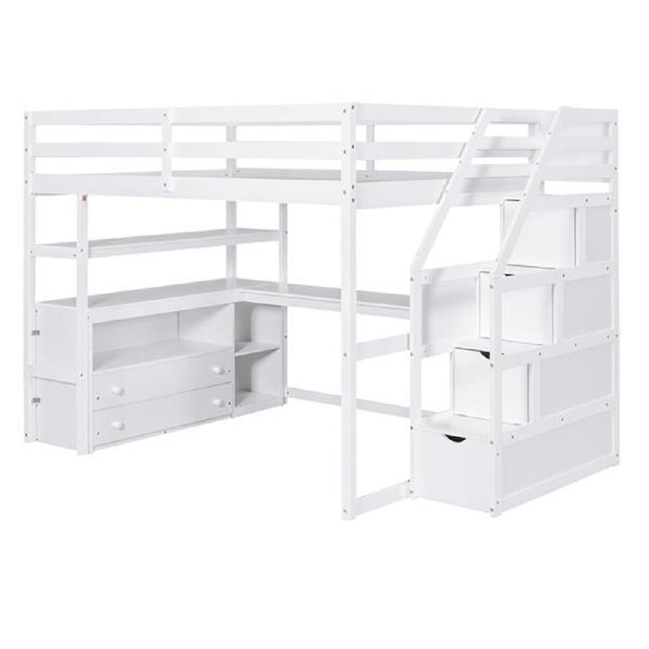Multi-functional Loft Bed with Desk, Shelves, Storage Staircase, and Two Drawers