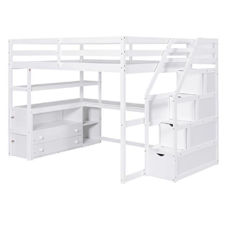 Multi-functional Loft Bed with Desk, Shelves, Storage Staircase, and Two Drawers