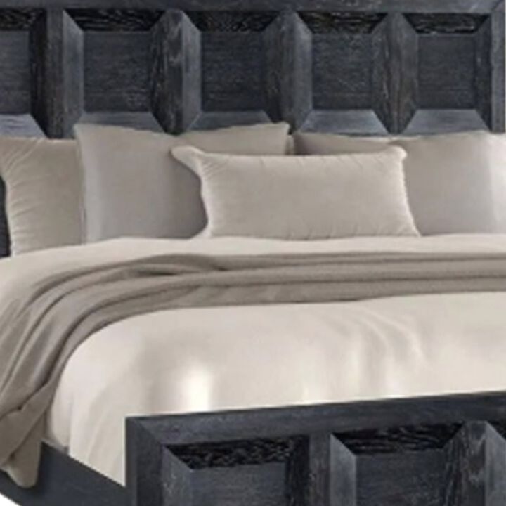 Kizie Queen Bed, Classic Recessed Panel, Weathered Black Solid Wood - Benzara