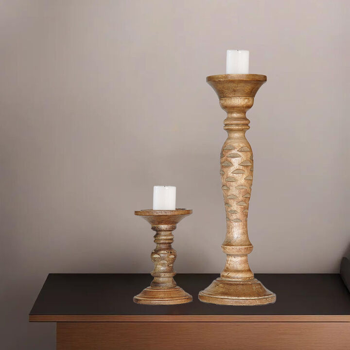 Traditional Wallnut Eco-friendly Handmade Mango Wood Set Of Two 6" & 15" Pillar Candle Holder