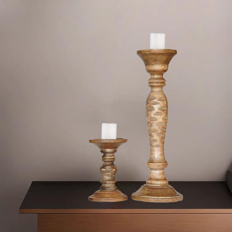 Traditional Wallnut Eco-friendly Handmade Mango Wood Set Of Two 6" & 15" Pillar Candle Holder