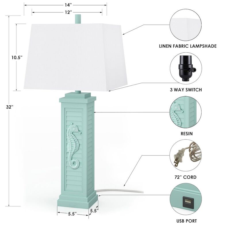 Lux Lighting Sea Horse Shutter 32” Resin Teal Lamp with USB, (Set of 2)