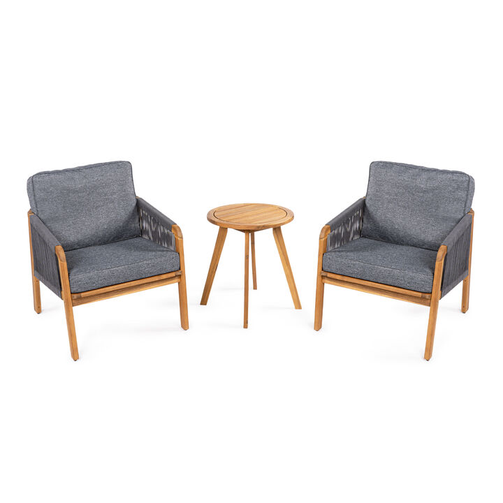 Aveiro 3-Piece Modern Bohemian Roped Acacia Wood Conversation Outdoor Patio Set with Cushions