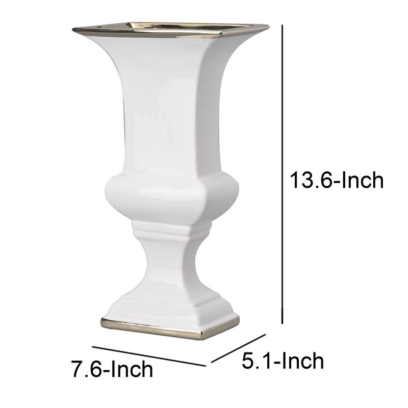 Ceramic Decorative Urn With Rectangular Opening, Large, White & Silver - Benzara