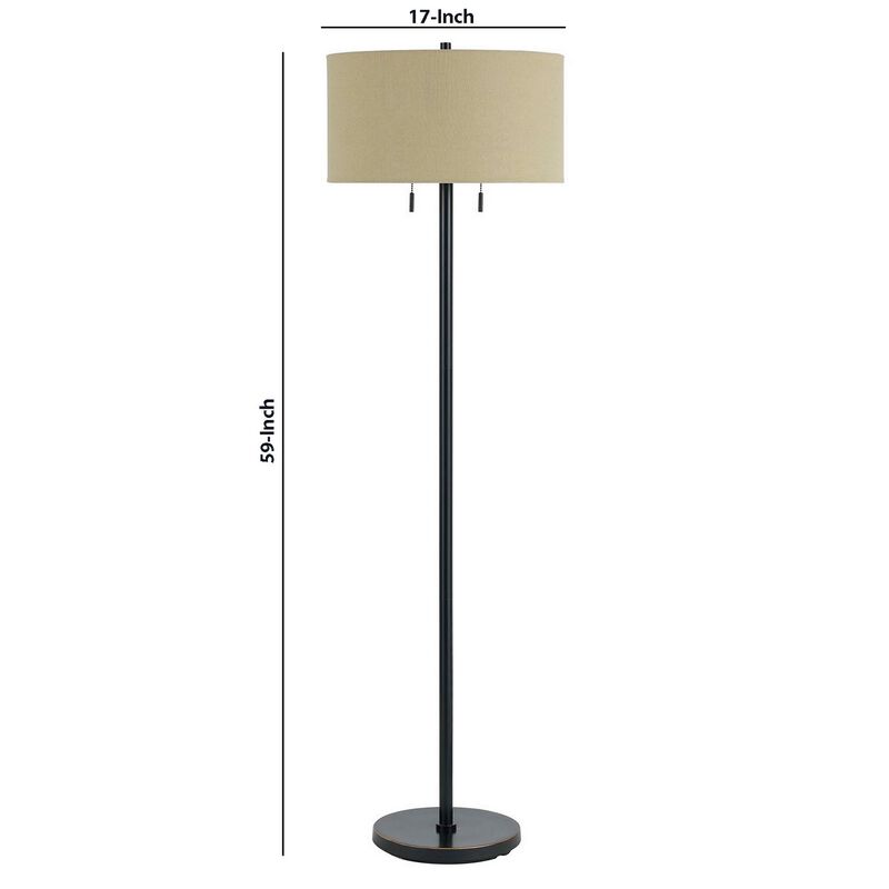 Metal Body Floor Lamp with Fabric Drum Shade and Pull Chain Switch, Black-Benzara