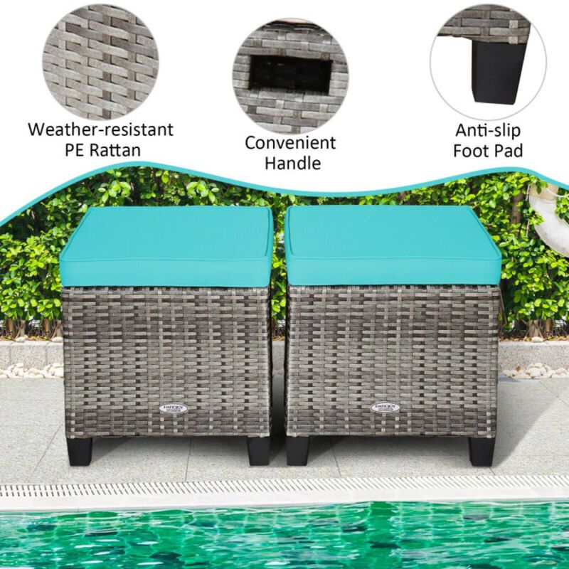Hivvago 2PCS Patio Rattan Wicker Ottoman Seat with Removable Cushions-Turquoise