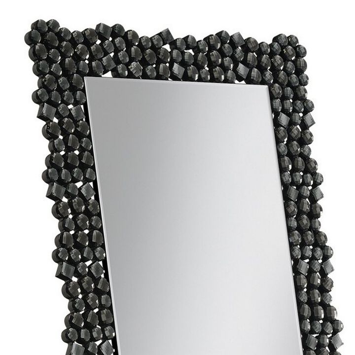 63 Inch Classic Portrait Floor Mirror, Rhinestone Inlay, Cheval, Black-Benzara