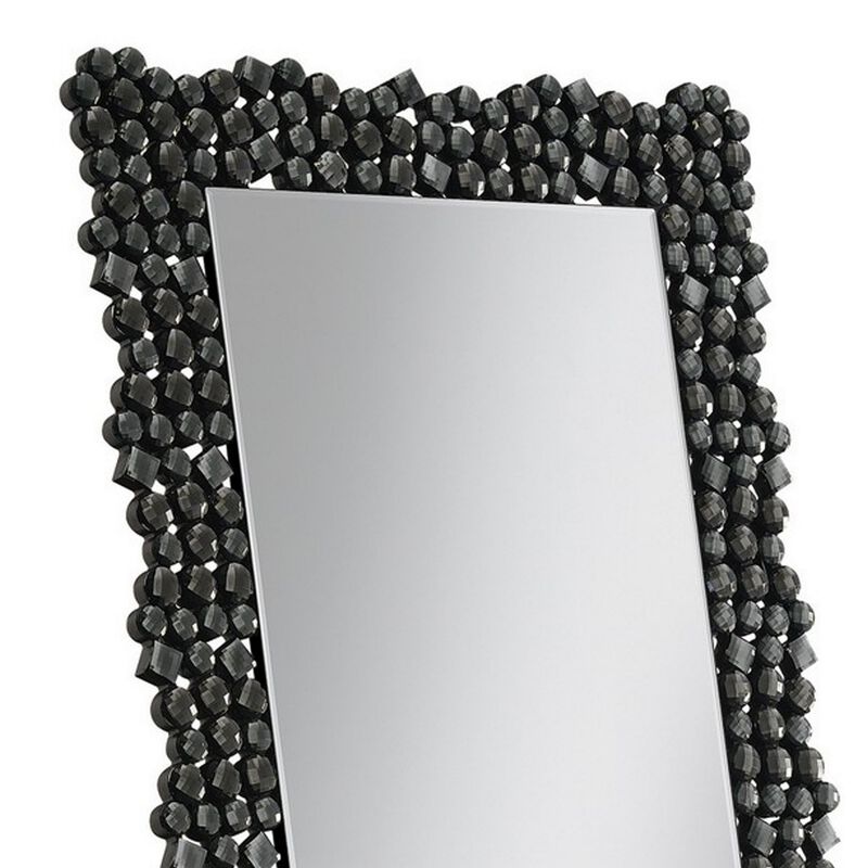 63 Inch Classic Portrait Floor Mirror, Rhinestone Inlay, Cheval, Black-Benzara