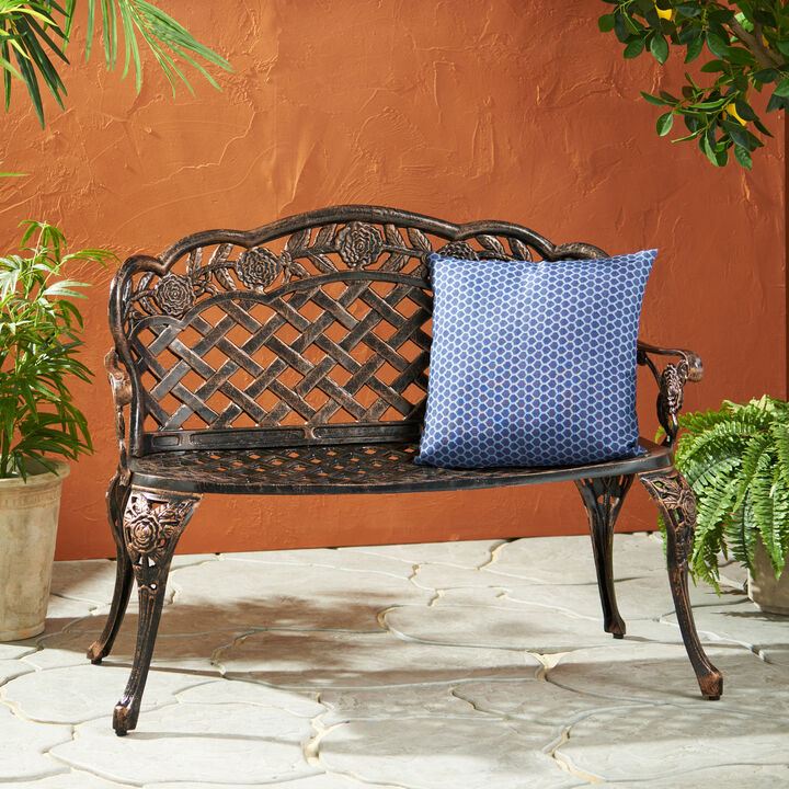 Ornate Cast Aluminum Garden Bench with Lattice and Rose Embellishments