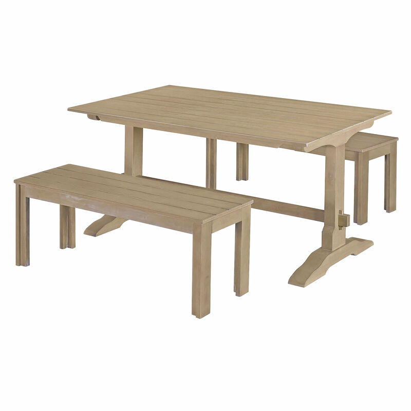 3-Piece Retro Dining Set, Rectangular Trestle Table and 2 Wooden Benches for 4 People for Dining Room and Kitchen (Natural Wood)