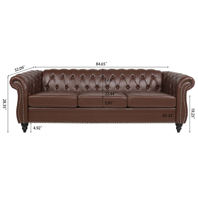 Dark Brown PU Rolled Arm Chesterfield Three Seater Sofa