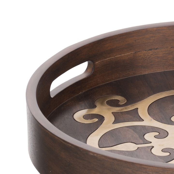 18 Inch Round Decorative Tray, Brass Inlaid Design and Brown Wood Frame-Benzara