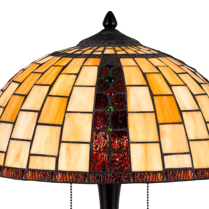 24 Inch Table Lamp, Tiffany Style Stained Glass, Pull Chain, Black Resin - Benzara